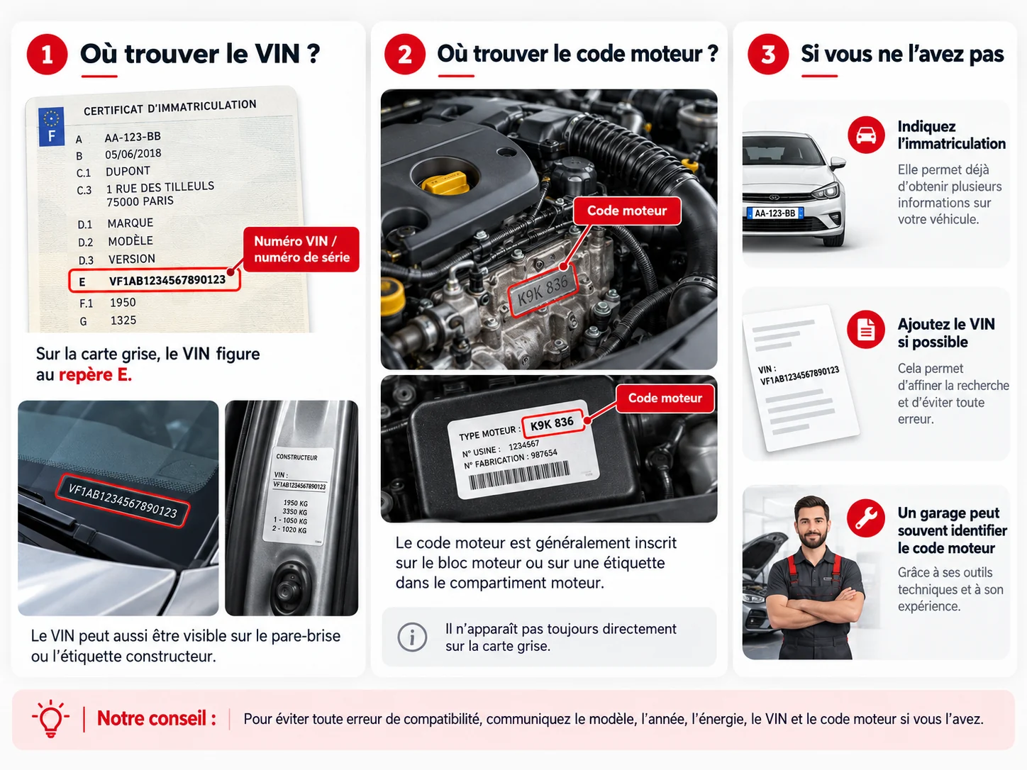 Guide pour trouver le VIN au repère E de la carte grise et localiser le code moteur sur le bloc moteur ou dans le compartiment moteur